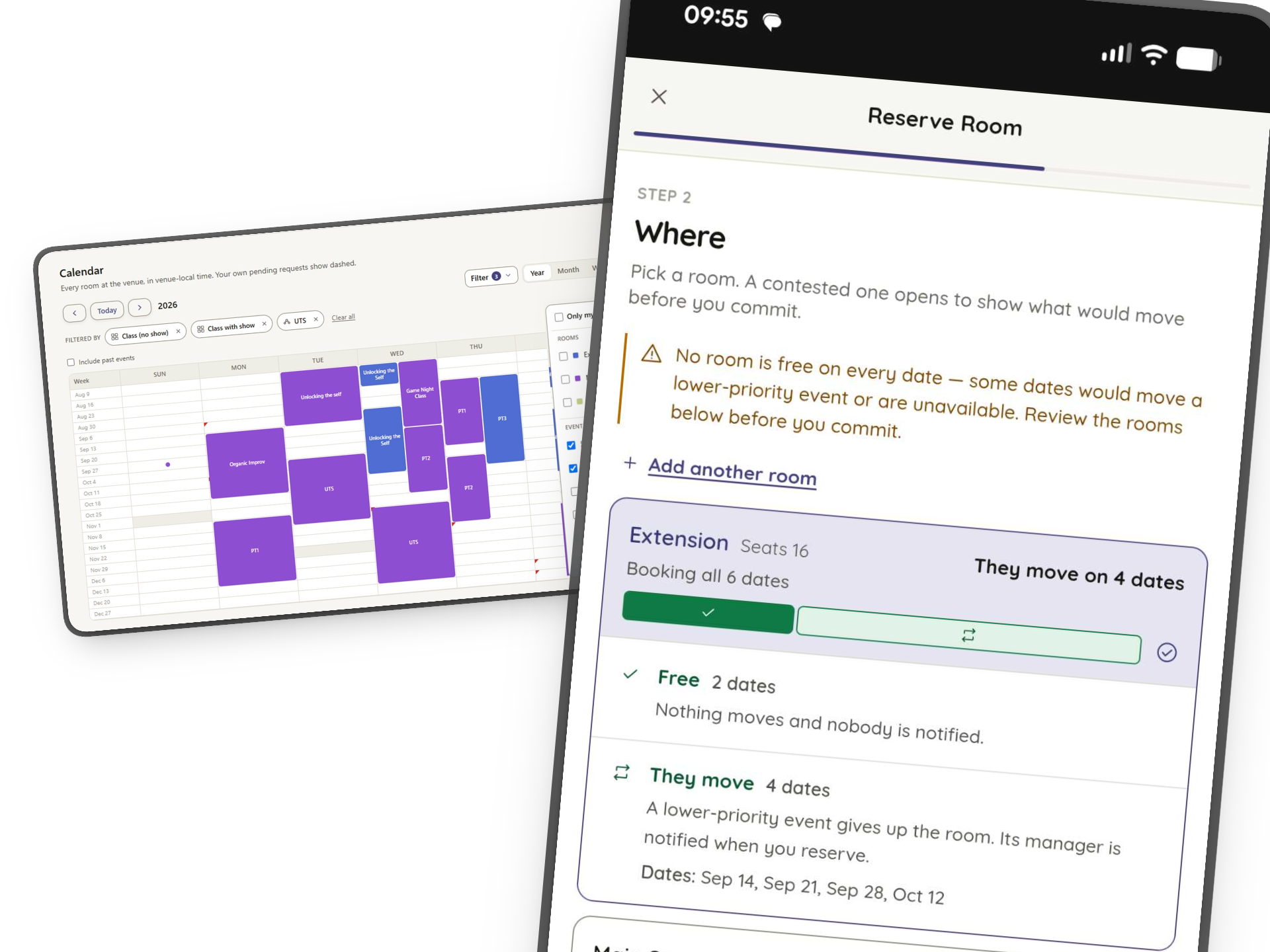 The Venvy year calendar open on a laptop, filtered by event type, beside the room-reservation flow on a phone showing which bookings would move.